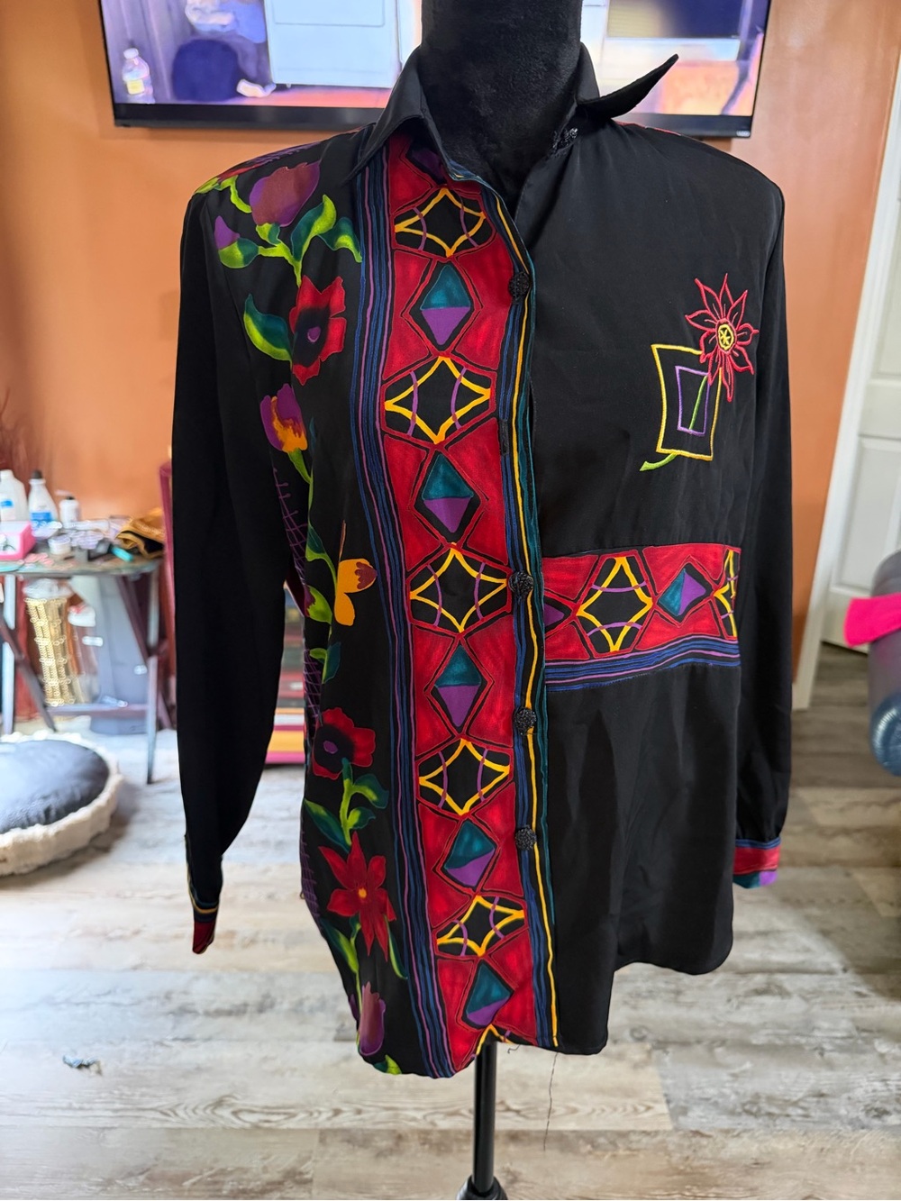 Vintage Jordana Black Button-Up Shirt with Bright Floral & Geometric Embroidery
